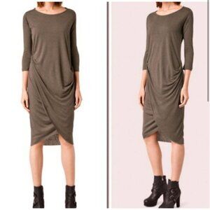 AllSaints Dress 8 Wool Blend Green Khaki Wrap Ruched Drape Minimal Capsule